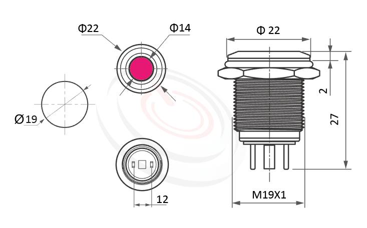 Φ19mm,金屬外殼防水指示燈的外型尺寸,ML19-2ARJ 規格參數: Φ19mm,加大發光面積,標準材質: Stainless steel、黃銅、鋁合金。