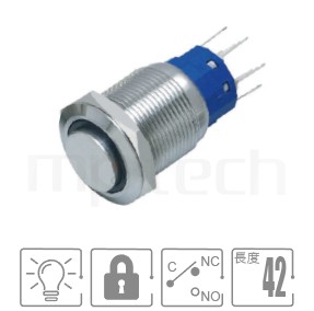 防水帶燈按鈕19mm孔徑,自鎖,1NO1NC1COM,環狀燈,lock,高平圓形防水按鈕,型號: MP19-5ZH。規格簡介:孔徑19mm,環型燈,1NO1NC1COM,lock凸柄,自鎖,高頭。