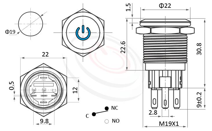 金屬帶燈按鈕Φ19mm有段、IO符號、平型、啟動符號、交替式、SPDT、power logo防水帶燈按鈕的外型尺寸。鉑達型號: MP19-5ZP