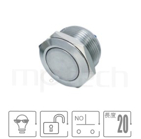 防水開關Φ19mm開孔,瞬切回彈,一組A接點,不帶燈,短柄,復位無段金屬按鈕,型號: MP19-2MF。簡略參數:孔徑19mm,不帶燈,常開1NO,無鎖復位平面,短款小型,自動復歸。
