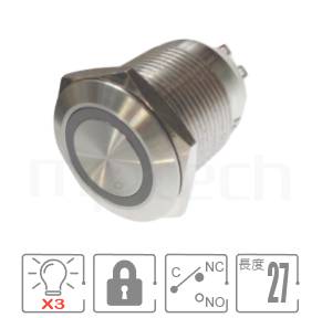 防水帶燈按鈕孔徑19mm,自鎖,SPDT,環型LED,短款小型,紅藍綠3-color LED,共陰極、共陽極接線金屬按鈕,型號: MP19S-7ZFRGB。規格參數:開孔Φ19mm,Ring illuminated,SPDT,有鎖平柄,短款,三色紅藍綠LED,預設是共陽極。