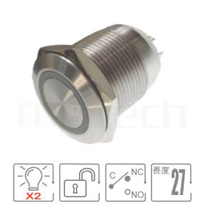 帶燈防水開關M19,自動復歸,1NO1NC1COM,Ring illuminated,小型短款,雙色LED防水按鈕,型號: MP19S-6MFRG。參數簡述:19mm孔徑,環型燈,SPDT-NO/NC,自動復歸平圓型,小型短款,雙色RG、RB。