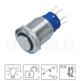 金屬帶燈開關孔徑19mm,無段復位,SPDT,Ring Illuminated,自復回彈,凸柄防水按鈕,型號: MP19-5MH。簡略參數:19mm孔徑,環型燈,1NO1NC1COM,無鎖復歸高柄,無段復位,高平面。