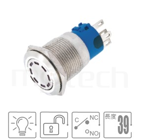 金屬帶燈按鈕孔徑19mm,復歸自復位,SPDT,多點環形燈,瞬切回彈,高耐受性防水按鍵,型號: MP19-5MS。規格:孔徑Φ19mm,多點環型燈,SPDT,無鎖復歸平面,無鎖復歸,應用廣泛。