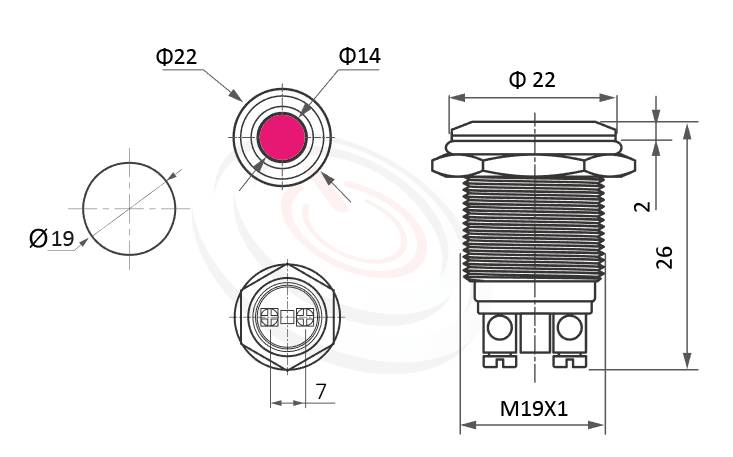 Φ19mm,高強度金屬防水指示燈的外型尺寸,ML19-2ARLJ 規格參數: Φ19mm,螺絲接線,防水訊號燈,標準材質: 不鏽鋼、鋁合金。