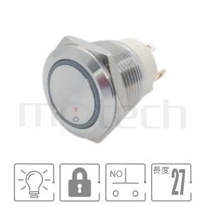 金屬帶燈開關Φ19 開孔,有鎖,SPST,1NO,環形燈,小型短款,兩段式金屬開關,型號: MP19S-4ZF。重點規格:19mm孔徑,Ring,常開接點,自鎖平柄,小型短柄,自鎖型。