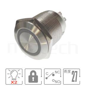 帶燈防水開關19mm孔徑,有鎖,1NO1NC1COM,Ring illuminated,小型短款,雙色RG、RB防水按鈕,型號: MP19S-6ZFRB。規格:19mm孔徑,圓型光圈,SPDT-NO/NC,交替式平形,短款小型,雙色變化。