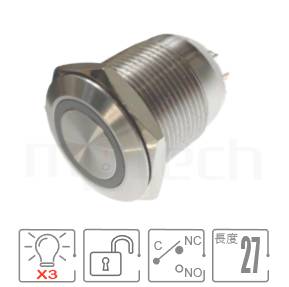 帶燈防水開關孔徑19mm,復歸回彈,SPDT,Ring illuminated,短款,紅綠藍三色,共陰/共陽極防水開關,型號: MP19S-7MFRGB。重點規格:孔徑19mm,環型燈,1NO1NC1COM,瞬切回彈平柄,短柄,三色RGB LED,預設為共陽極接線。