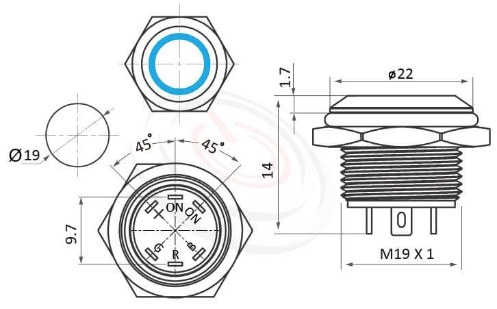 防水帶燈按鈕Φ19mm極短款、紅綠藍三色,共陰/共陽極、平面、Ring、復位無段、1NO常開接點、Ring illuminated帶燈防水開關的外型尺寸。鉑達型號: MP19T-6MFRGB