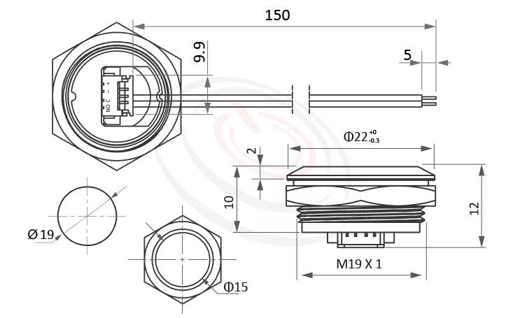 防水開關Φ19mm線長15cm、薄型、平柄、無燈、自復回彈、SPST,1NO、無燈防水按鍵的外型尺寸。鉑達型號: MP19T-2MFL