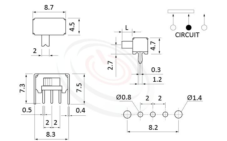 1P2T,SPDT迴路,臥式滑動開關Slide Switch, SK-12D02 系列,尺寸圖