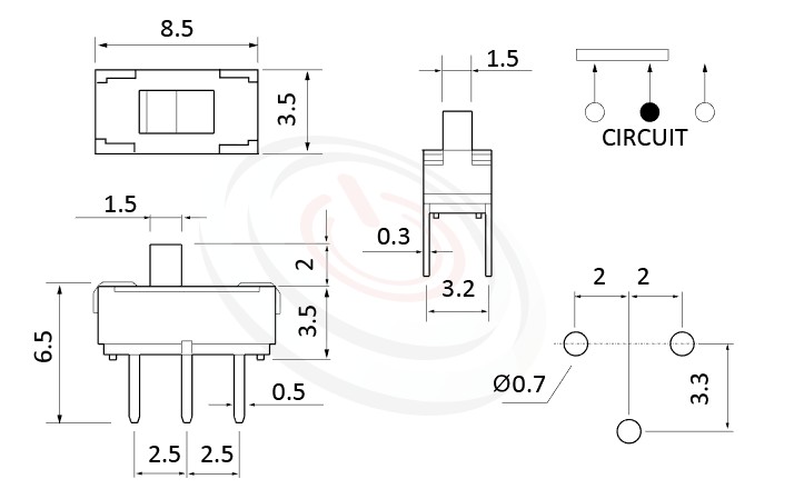 MS-12D16 系列,尺寸圖1P2T,SPDT迴路,Vertical Slide Switch ,立式 迷你滑動開關