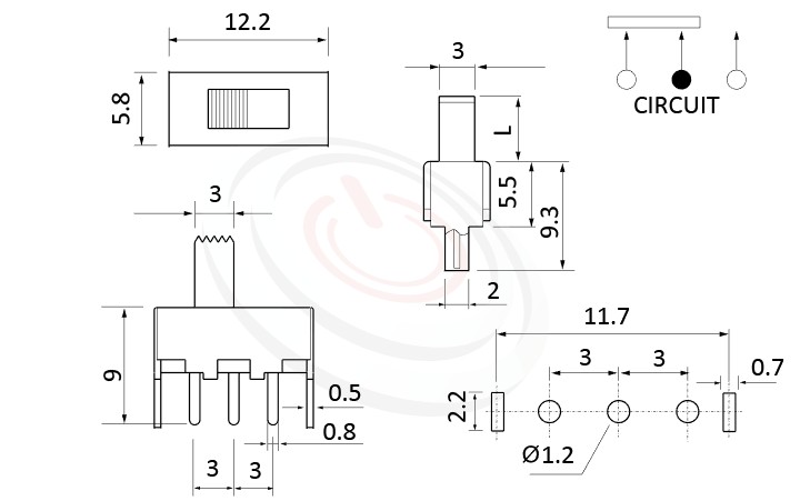 SS-12F45 系列,尺寸圖1P2T,SPDT迴路,直腳滑動開關Slide Switch