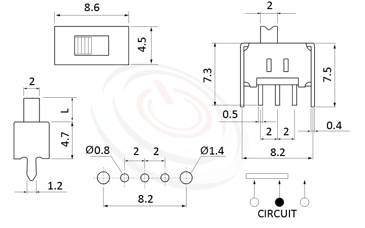 SS-12D02 系列,尺寸圖1P2T,SPDT迴路,滑動切換開關Slide Switch