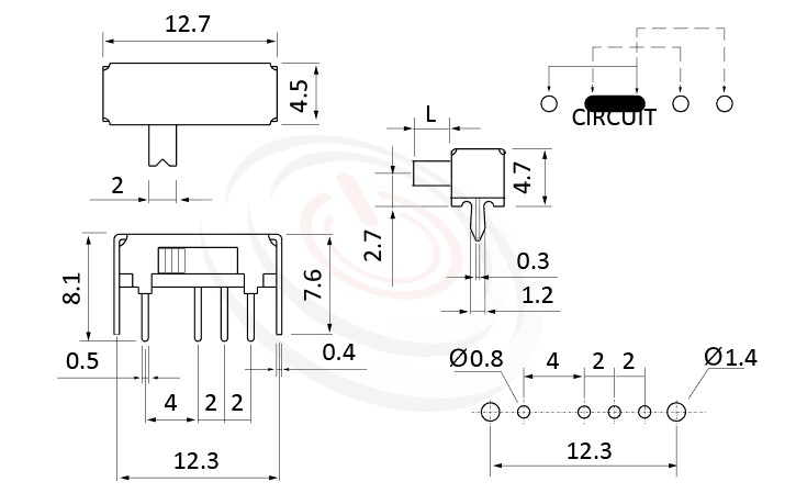 SK-13D01 系列尺寸圖1P3T,SP3T迴路,滑動切換開關Slide Switch