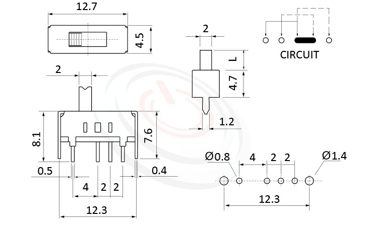 SS-13D01 系列,尺寸圖1P3T,SP3T迴路,Vertical Slide Switch ,立式滑動開關