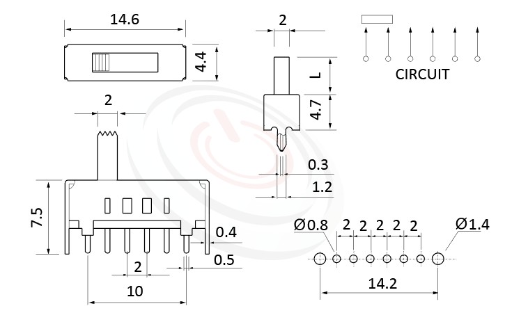 SS-14D01 系列,尺寸圖1P4T,SP4T迴路,Vertical Slide Switch ,立式滑動開關
