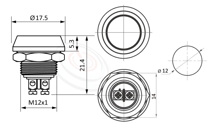 MP12-2MFL Series概略尺寸圖,標示防水按鈕開關的外型長度,平鈕,IP65以上的防水等級,| 防塵防水防化學腐蝕,Φ12mm開孔,1NO一組常開接點,複歸回彈,平鈕,不鏽鋼/銅鍍鎳,面板外徑14mm 平面按鈕容易清潔