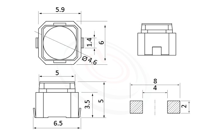 HTS-06ML Series ,6x6mm,長行程,小型輕觸開關Tact Switch尺寸圖 ,SMD