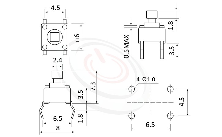 HTS-06PG Series 概略尺寸圖,標示產品: 6x6，DIP銲接，輕觸開關Tact Switch的外型尺寸圖，立即從圖片確認是否符合需求。 HTS-06PG規格包含: 6x6，DIP銲接，方柄，直立180度，H高度:7.3mm，方形按鍵。Tact Switch 尺寸包含3x6mm,4.5x4.5mm,5.2x5.2mm,6x6mm,6.2x6.2mm,12x12mm....