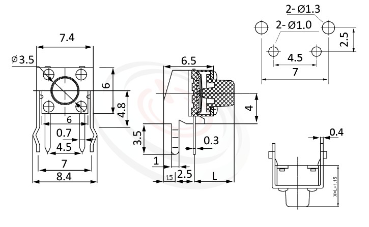 HTS-06RV Series ,6x6mm 90度 側按 輕觸開關Tact Switch尺寸圖 ,PCB版上中心點高度4mm,DIP