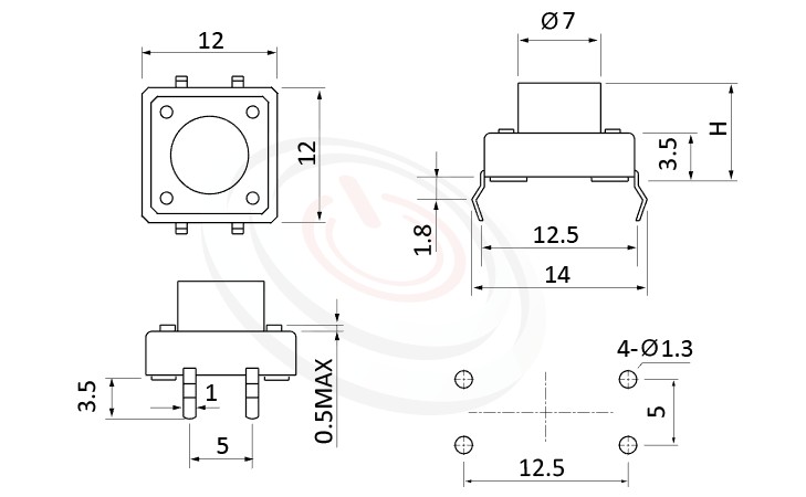 HTS-12PA Series 概略尺寸圖,標示產品: 12x12，DIP焊接，Tact Switch的外型尺寸圖，從圖片輕鬆確認零件外觀尺寸。 HTS-12PA規格包含: 12x12，DIP封裝，圓柄，直立，H高度:4.3mm~21mm，常用型。輕觸開關Tact Switch 尺寸包含3x6mm,4.5x4.5mm,5.2x5.2mm,6x6mm,6.2x6.2mm,12x12mm....