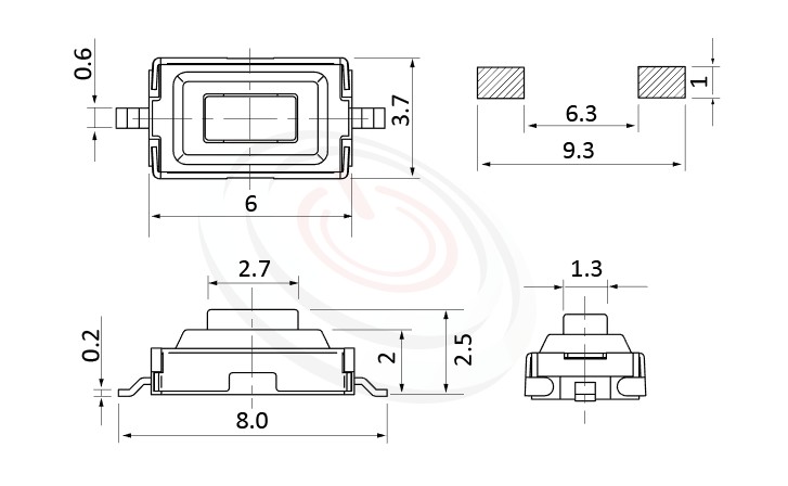 HTS-36MA Series 零件外觀造型示意圖，呈現產品: 3X6，SMD表面貼焊，觸動開關的零件外型圖，圖片用來確認零件適用程度。 HTS-36MA產品規格為: 3X6，SMD表面黏著，直立180度，方頭，外殼防護IP66，防塵SMD，防塵金屬殼。觸鍵開關小型化的輕觸開關，短行程，使用壽命長，開關壽命區間落在30萬次、50萬次、100萬次...