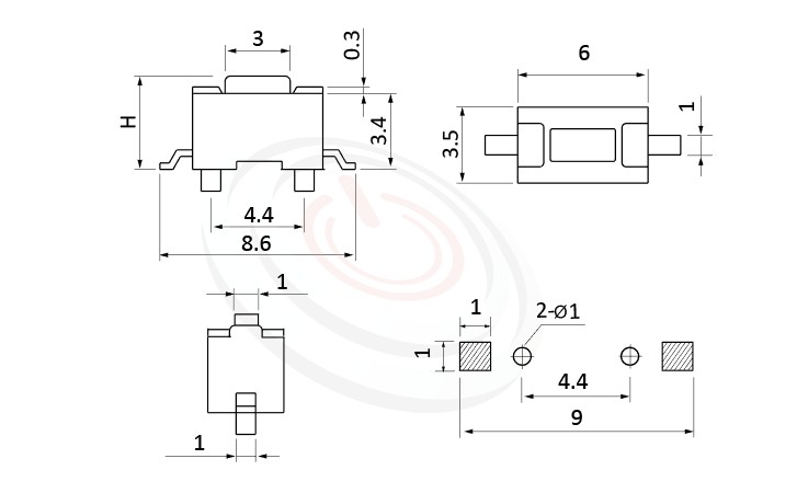 HTS-36MB Series ,6x3.5mm SMT 輕觸開關Tact Switch尺寸圖 ,SMD,固定柱