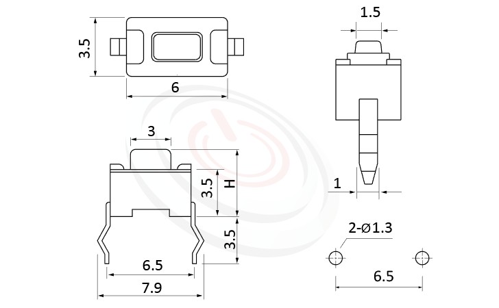 HTS-36PA Series ,6x3.5mm,按鍵輕觸開關Tact Switch尺寸圖 ,DIP式