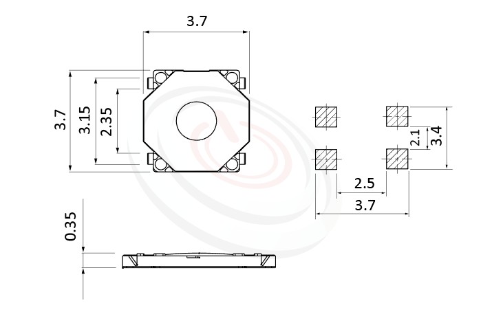 HTS-37MS Series ,3.7x3.7輕觸開關Tact Switch 尺寸圖 ,SMD