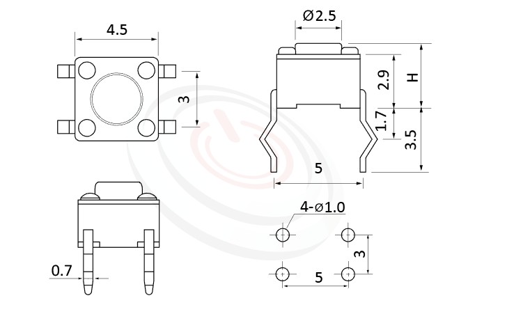 HTS-45PA Series 概略尺寸圖,標示產品: 4.5x4.5，DIP插件包裝，碰觸開關的外型尺寸圖，從圖片輕鬆確認零件外觀尺寸。 HTS-45PA規格包含: 4.5x4.5，插件，圓柄，立式，H高度:3.8mm~7.1mm，常用款。碰觸開關輕觸開關經常使用於汽車遙控、鐵捲門遙控器，包含IP67防水型觸鍵開關，多種按壓力、高度可選擇，可搭配各式鍵帽
