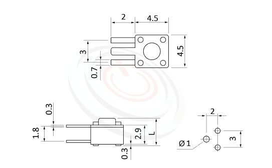 HTS-45RT Series 概略尺寸圖,標示產品: 4.5x4.5，DIP銲接，輕觸按鈕的外型尺寸圖，從圖片輕鬆確認零件外觀尺寸。 HTS-45RT規格包含: 4.5x4.5，DIP焊接，圓柄，側按式，H高度:3.8mm~7.1mm，側按型，90度3隻腳。輕觸按鈕可適用於影音產品、數碼產品、遙控器、通訊產品、家用電器、安防產品、玩具、電腦產品、健身器材、醫療器材...等等
