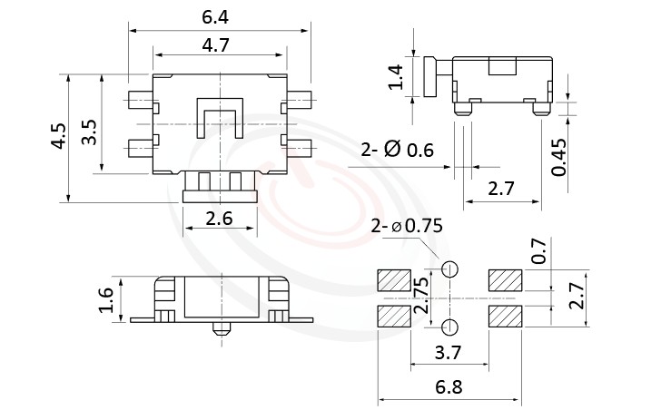 HTS-47SA Series ,4.5x4.7觸動開關Tact Switch尺寸圖 ,SMD表面黏著