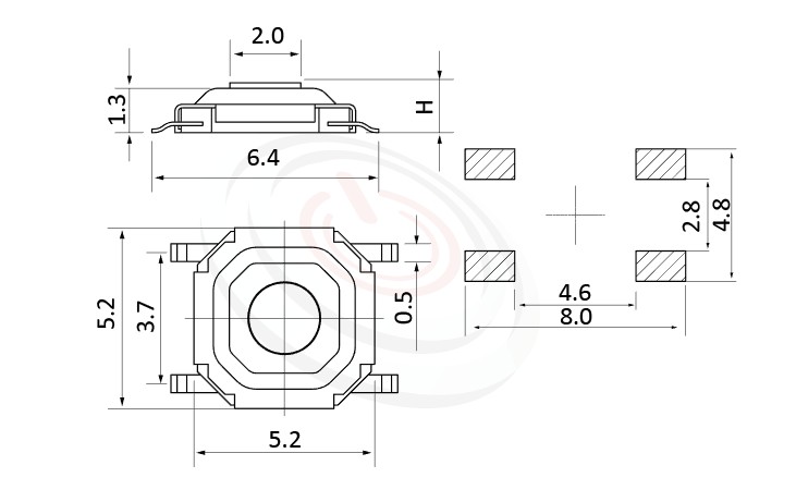HTS-52MB Series 概略尺寸圖,標示產品: 5X5，SMT貼片型，薄型Tact Switch的外型尺寸圖，由圖片迅速確認零件概略尺寸。 HTS-52MB規格包含: 5X5，SMD貼片包裝，圓柄，立式，版上高度:1.5mm~4.3mm，薄型防塵SMD，防塵金屬殼。輕觸按鈕可廣泛使用在雲端裝置、智能家居、家電業、健康醫療產品業、工控安全系統及通訊業等IOT相關產業