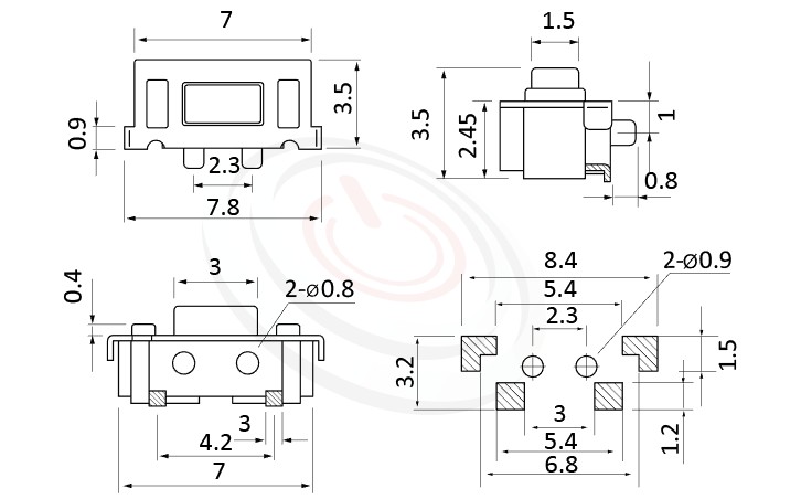 HTS-73SA Series 概略尺寸圖,標示產品: 3X6，SMD封裝，輕觸按鈕的外型尺寸圖，迅速從圖片確認零件外觀尺寸。 HTS-73SA規格包含: 3X6，SMD貼片包裝，方柄，垂直側按，垂直PCB,版上高度3.5mm,具ground pin及固定腳，側按型，SMD側按帶固定柱。觸鍵開關產品樣式包含:DIP插件,SMD貼面,編帶,捲裝,防水,直立式,側按式,直立側按式,迷你體積.迷你貼片SMD型
