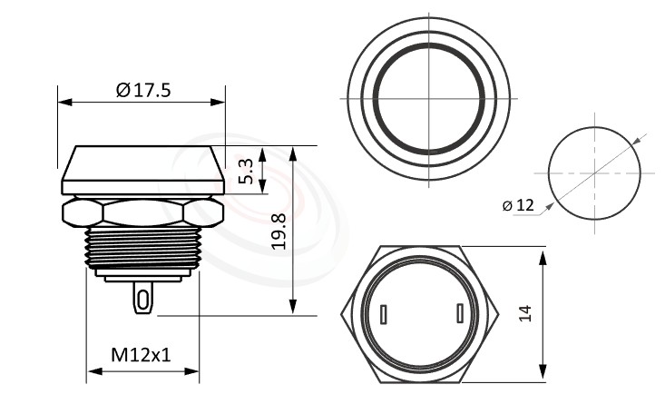 MP12-2MF Series概略尺寸圖,標示金屬按鈕的外型長度,平圓型,防水防塵防破壞,極致防護,MP12-2MF Series-防水金屬按鈕,電源金屬按鍵| 防水、防塵、耐腐蝕,12mm尺寸,1NO,複歸回彈,平面,金屬按鈕