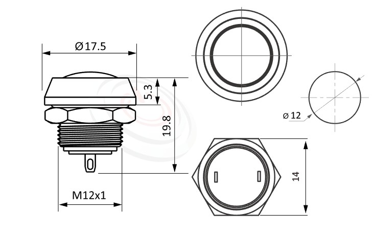MP12-2MR Series概略尺寸圖,標示防水金屬開關的外型長度,弧型,亮眼外觀,引人注目,| 防水、防破壞、耐腐蝕,12mm,1NO,復位無段,圓弧柄,不帶燈,面板外徑14mm 平面按鈕容易清潔