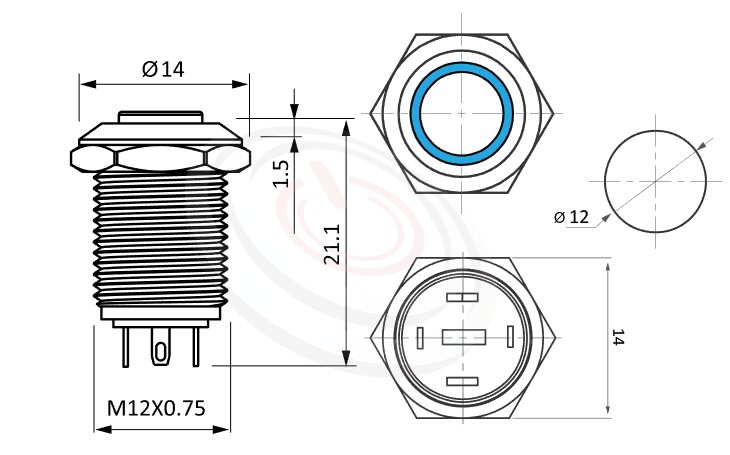 MP12-4MH Series概略尺寸圖,標示照光金屬按鈕的外型長度,高平柄,12mm,Φ12,1NO,復歸無鎖,帶燈,高平面環形燈 | 帶燈金屬按鈕開關,MP12-4MH 系列,面板外徑14mm 耐腐蝕金屬,化學環境適用,更靈活彈性的燈色燈壓選擇,| 防水、防塵、耐腐蝕,,Φ12 開孔尺寸,1NO,自複式回彈,高圓柄,帶燈金屬按鈕開關,多種顏色可選,環形燈,復歸瞬動自復位/ 自鎖式 開關動作 面板外徑14mm