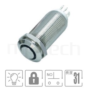 MP12-4ZF Series-帶燈金屬按鈕| 防水防塵,12mm尺寸,1NO,有鎖,平面,LED金屬按鈕帶燈,帶鎖有段天使眼金屬開關|防水/防塵/防化學腐蝕,Φ12mm開孔,常開接點,兩段式,平圓型,LED帶燈按鈕開關,多種燈色可選,環型燈六種燈色可選--紅、綠、藍、白、橘、黃,環形燈 | MP16TECH提供您最完整的防水金屬按鈕開關產品與服務