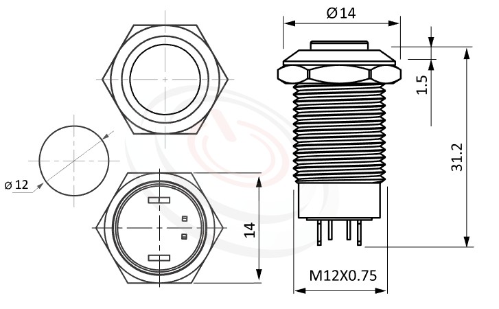 MP12-4ZH Series概略尺寸圖,標示LED照光金屬開關,無極性,正反都可接的外型長度,,高圓形,更靈活彈性的燈色燈壓選擇 防水、防塵、耐腐蝕,GQ12,LAS4GQ,pbm12,cmp,bpb,mp12n,ft-12,J12,MPB12,HK12B,HKYB12B,lb12b,qn12平圓型,材質-黃銅鍍鎳,不鏽鋼,鋁合金