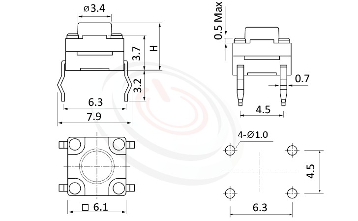 WTS-06P1 Series 概略尺寸圖,標示產品: 6x6，DIP插件型，Tact Switch的外型尺寸圖，迅速從圖片確認零件外觀尺寸。 WTS-06P1規格包含: 6x6，DIP插版型，圓柄，直立，H高度:4.3mm~19mm，防水，IP67防水。觸鍵開關小型化的輕觸開關，短行程，使用壽命長，開關壽命區間落在30萬次、50萬次、100萬次...