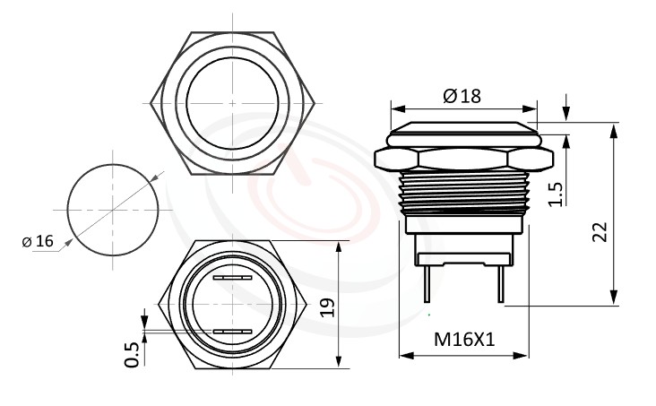 MP16-2MF Series 尺寸圖,標示產品: Φ16mm短柄短款、自復回彈、平圓型、不帶燈、無鎖復歸、1NO常開接點、不帶燈防水按鍵的外型尺寸。| MP16TECH鉑達 提供各種 metal push button switch專業服務。