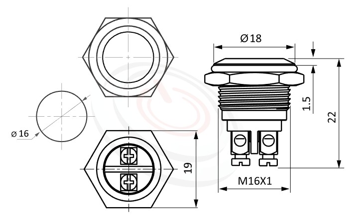 MP16-2MFL Series 尺寸圖,標示產品: Φ16mm接線腳、小型短款、平頭、不帶燈、回彈觸發、常開1NO、不帶燈防水按鍵的外型尺寸。| MP16TECH鉑達 提供各種 waterproof pushbutton專業服務。