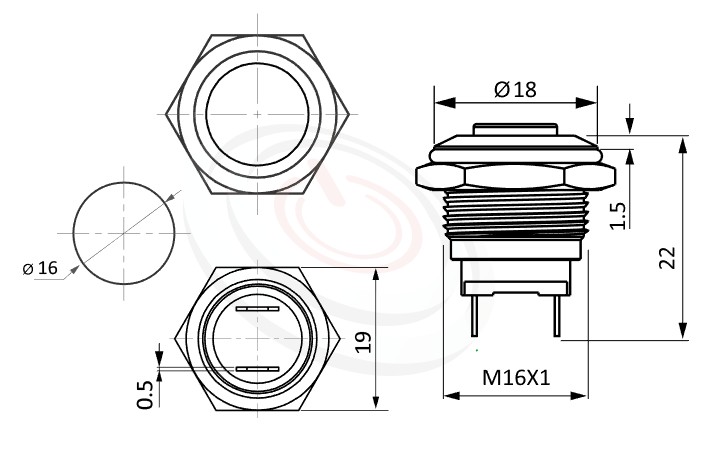 MP16-2MK Series 尺寸圖,標示產品: Φ16mm短柄、高柄、高平圓形、無燈、復歸回彈、SPST,1NO、無燈金屬按鈕的外型尺寸。| MP16TECH鉑達 提供各種 Waterproof metal pushbutton專業服務。