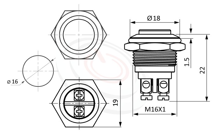 MP16-2MKL Series 尺寸圖,標示產品: Φ16mm螺絲端子、凸柄、高平圓形、不帶燈、瞬切回彈、SPST,1NO、無燈金屬按鈕的外型尺寸。| MP16TECH鉑達 提供各種 Vandal Resistant Switches專業服務。