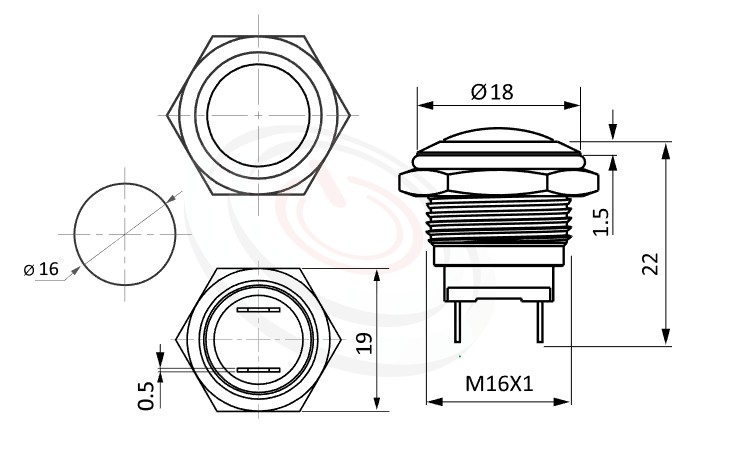 MP16-2MR Series 尺寸圖,標示產品: Φ16mm短款、弧面、球面、不帶燈、自動復歸、1NO常開接點、無燈金屬按鈕的外型尺寸。| MP16TECH鉑達 提供各種 metal button switch專業服務。