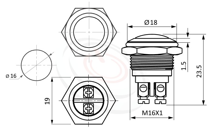 MP16-2MRL Series 尺寸圖,標示產品: Φ16mm螺絲腳、弧形、球形、不帶燈、自動復歸、SPST,1NO、不帶燈防水按鍵的外型尺寸。| MP16TECH鉑達 提供各種 metal button switch專業服務。