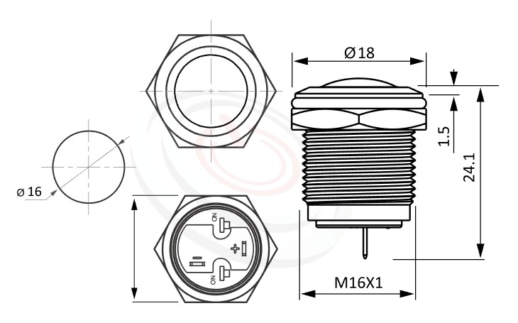 MP16-2ZR Series 尺寸圖,標示產品: Φ16mm小型短款、弧面、弧型、有段、1NO常開接點、無燈防水金屬開關的外型尺寸。| MP16TECH鉑達 提供各種 waterproof pushbutton專業服務。