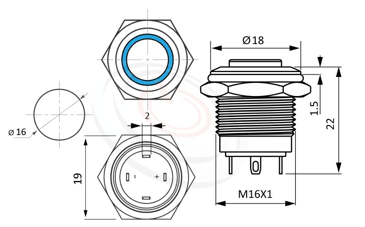 MP16-4MH Series 尺寸圖,標示產品: Φ16mm短款小型、凸柄、高平圓形、Ring Illuminated、自復回彈、常開接點、Ring防水帶燈按鍵的外型尺寸。| MP16TECH鉑達 提供各種 Waterproof Switch專業服務。