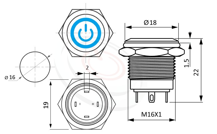 MP16-4MQ Series 尺寸圖,標示產品: Φ16mm短款、字符+環形燈、平鈕、電源符號加環形燈、復歸回彈、1NO,SPST、IO符號加環形燈防水帶燈按鍵的外型尺寸。| MP16TECH鉑達 提供各種 metal pushbutton switches專業服務。